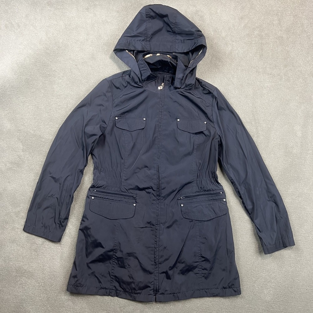 Laundry by Shelli Segal L Navy Hooded Utility Jacket Cinched Waist Trench Coat